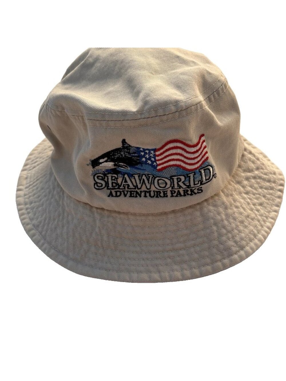 Vintage Khaki Seaworld Embroidered Shamu American Flag Bucket Hat Adult One Size